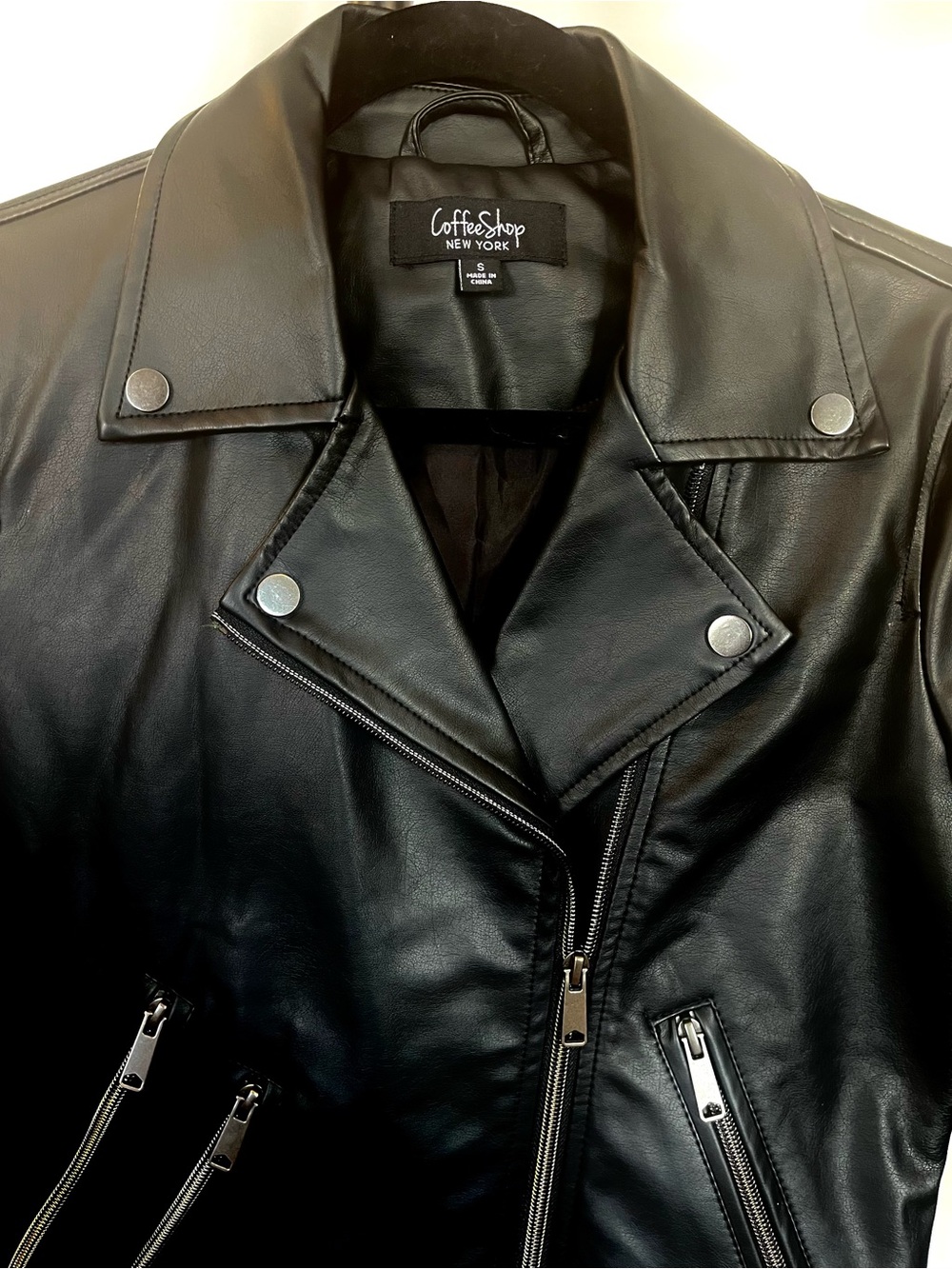 CoffeeShop Black Faux Leather Asymmetrical Moto Biker Punk Jacket Small - Picture 2 of 11